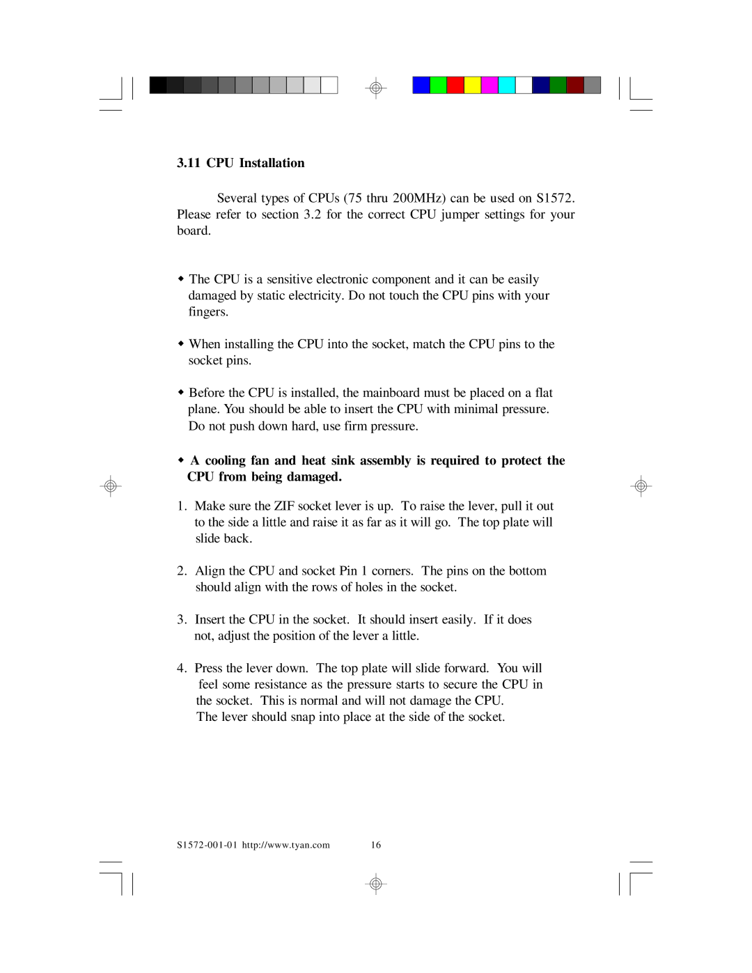 Tyan Computer TYAN S1572 ATX user manual CPU Installation 