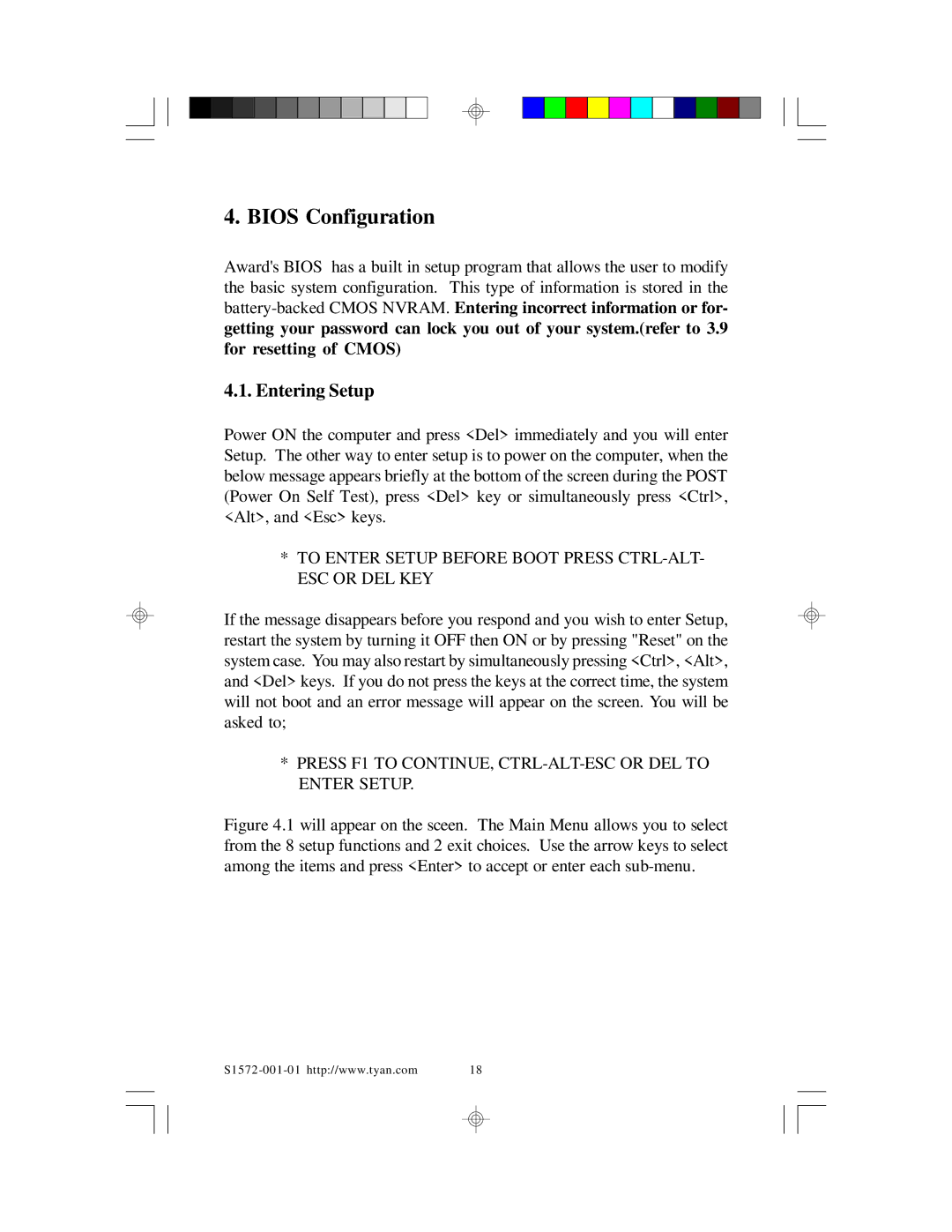 Tyan Computer TYAN S1572 ATX user manual Entering Setup, To Enter Setup Before Boot Press CTRL-ALT- ESC or DEL KEY 