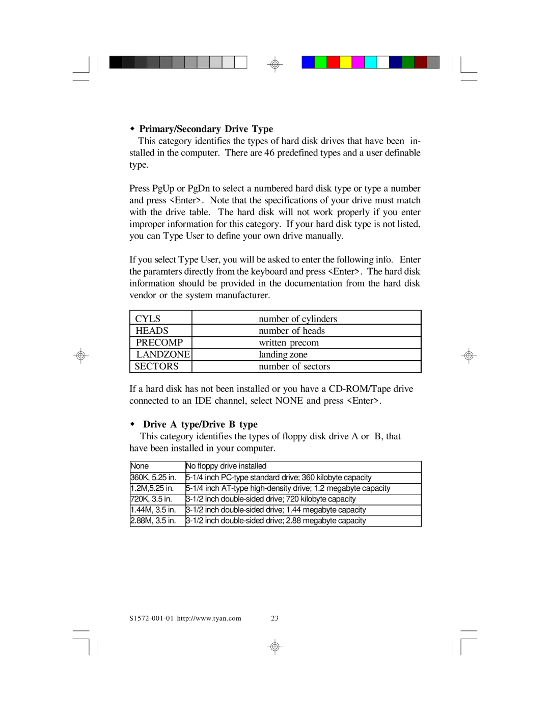 Tyan Computer TYAN S1572 ATX user manual Primary/Secondary Drive Type, Drive a type/Drive B type 