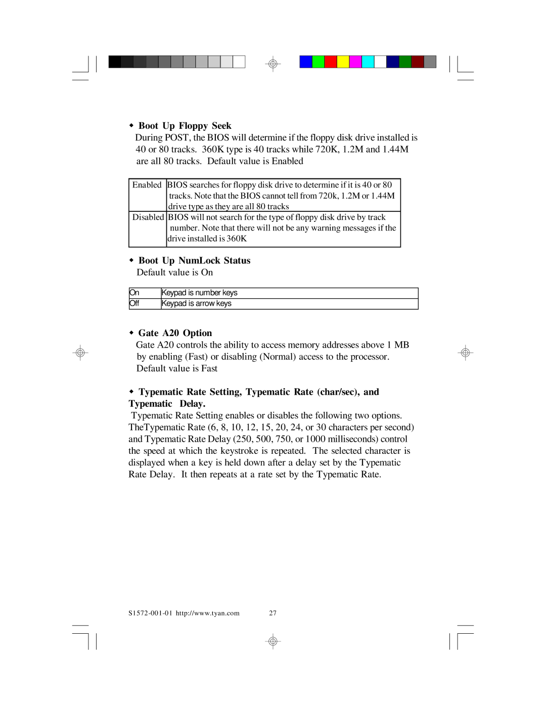 Tyan Computer TYAN S1572 ATX user manual Boot Up Floppy Seek, Boot Up NumLock Status Default value is On, Gate A20 Option 