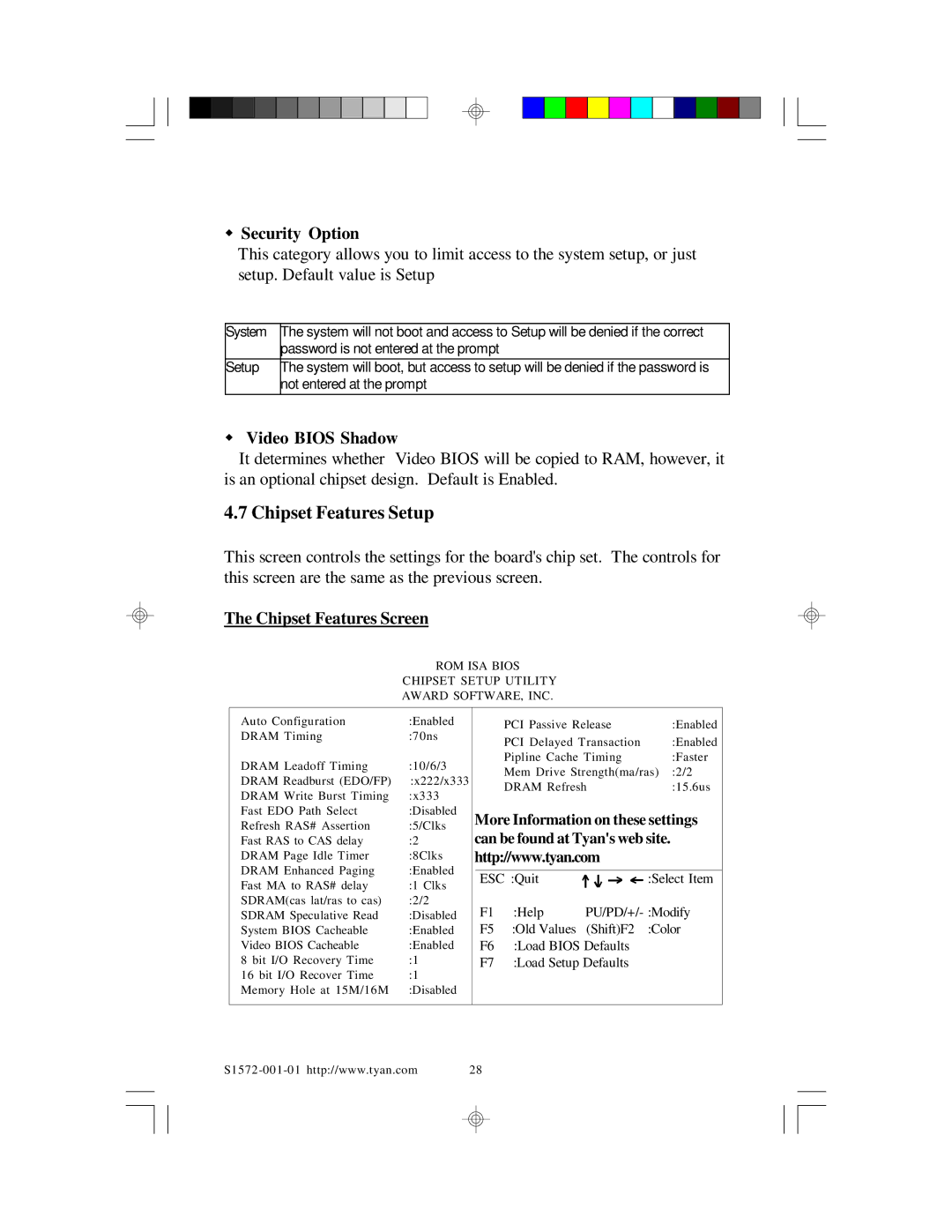 Tyan Computer TYAN S1572 ATX Chipset Features Setup, Security Option, Video Bios Shadow, Chipset Features Screen 