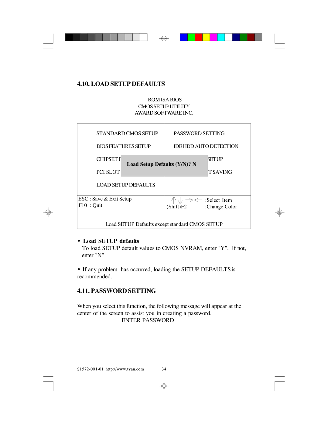 Tyan Computer TYAN S1572 ATX user manual Load Setup defaults, Enter Password 