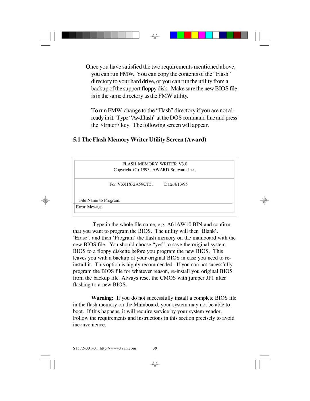 Tyan Computer TYAN S1572 ATX user manual Flash Memory Writer Utility Screen Award 