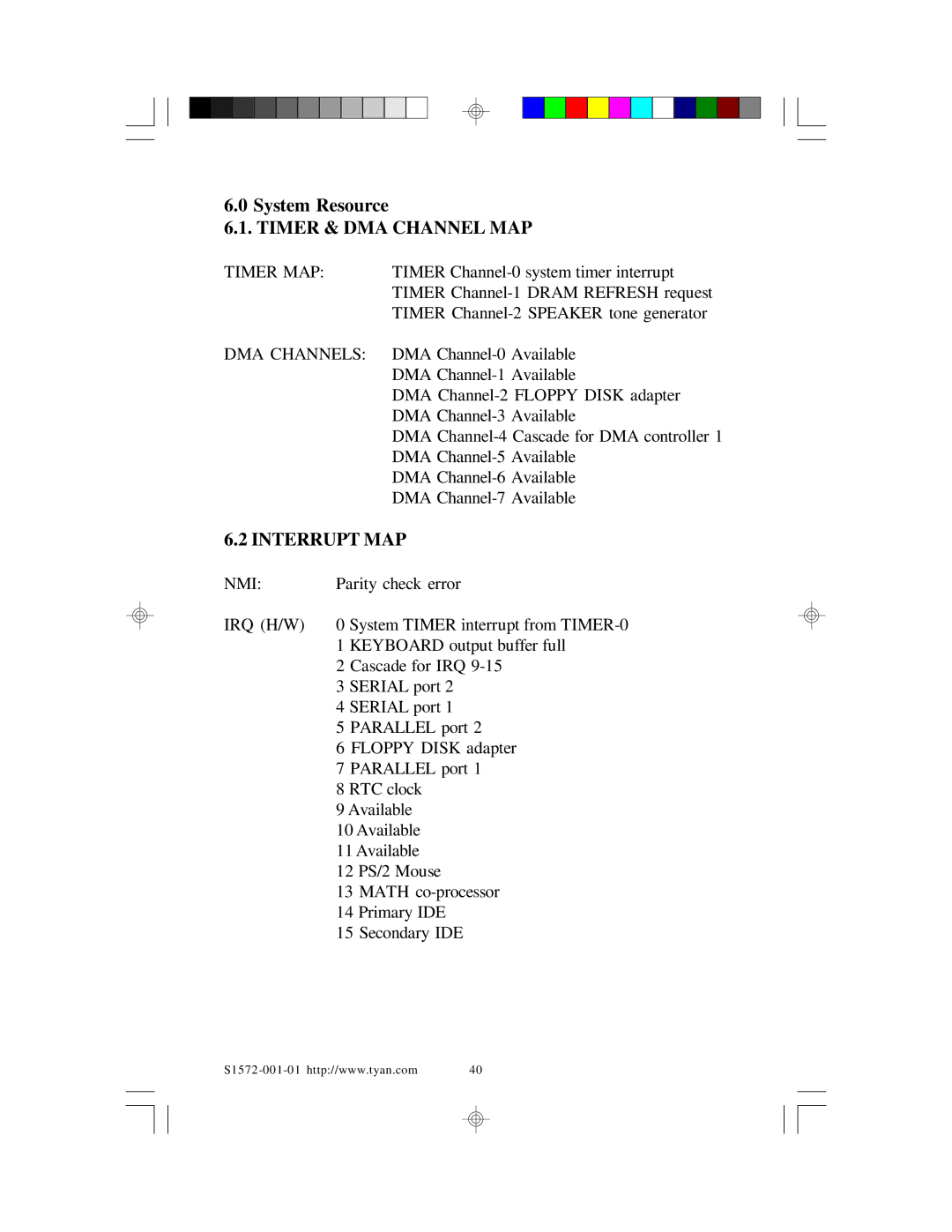 Tyan Computer TYAN S1572 ATX user manual System Resource, Timer MAP, DMA Channels, Nmi, Irq H/W 