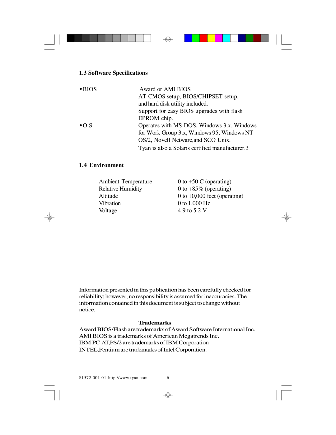 Tyan Computer TYAN S1572 ATX user manual Software Specifications, Environment 