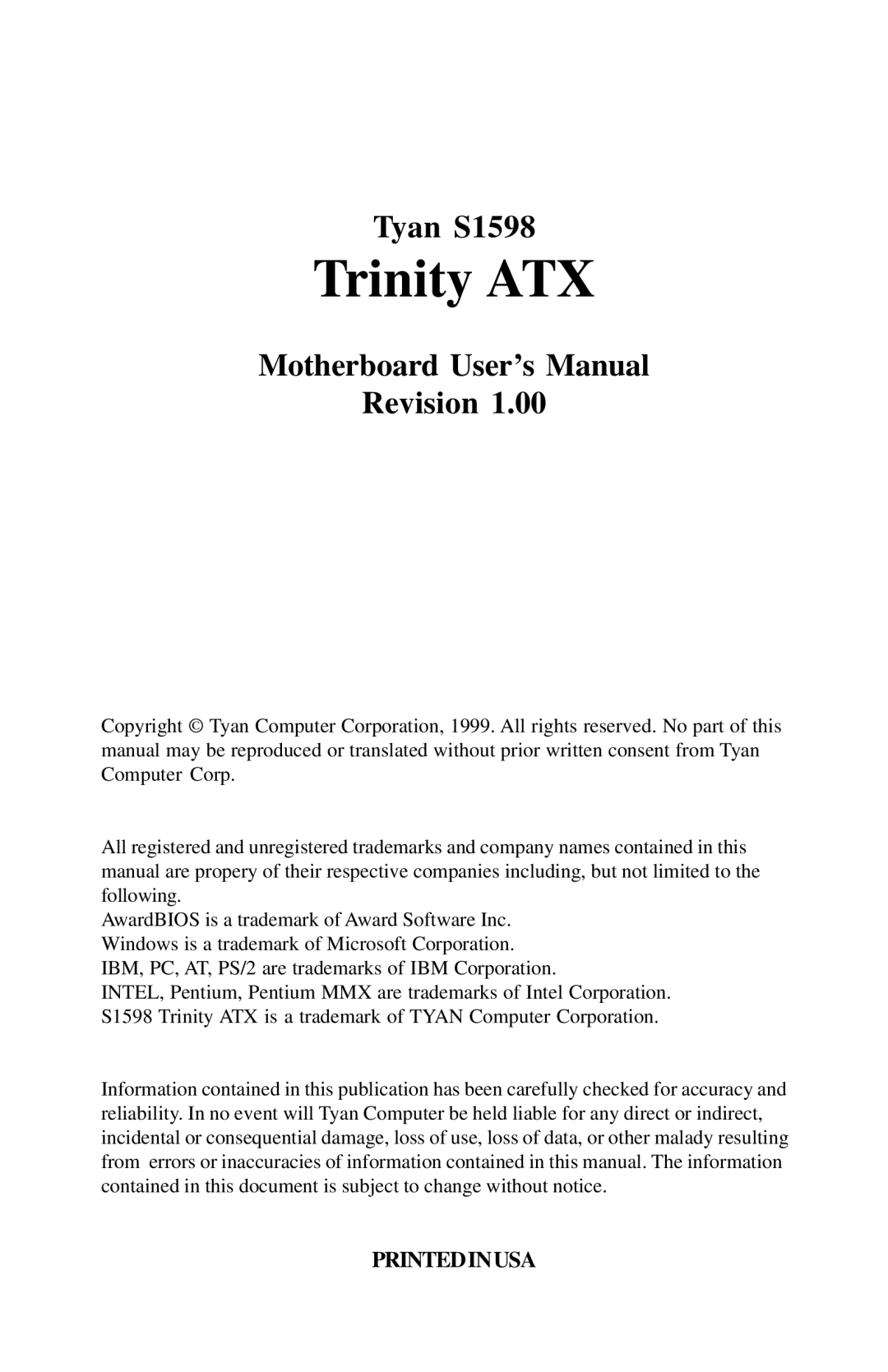 Tyan Computer Tyan S1598 user manual Motherboard User’s Manual Revision 