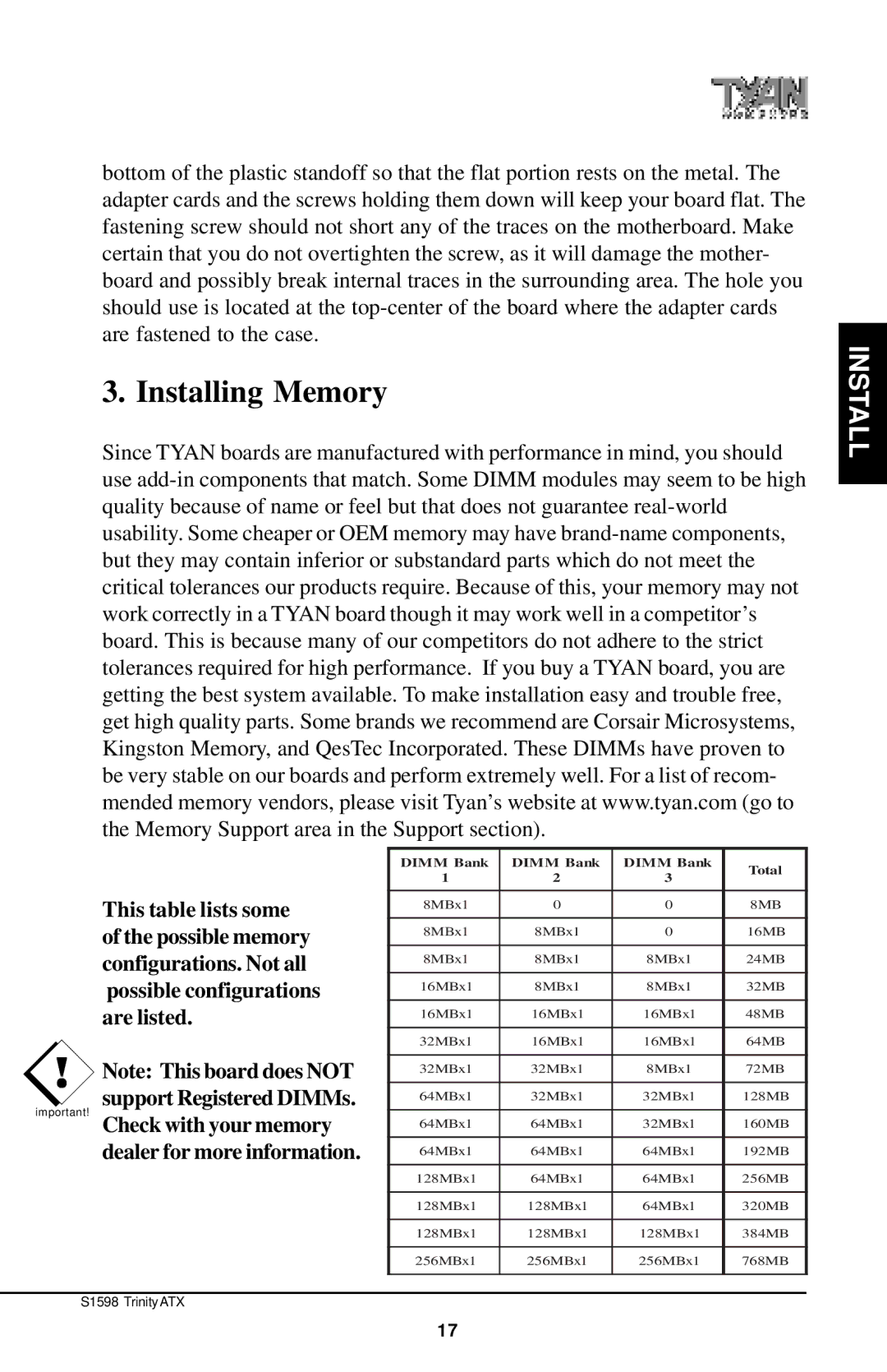 Tyan Computer Tyan S1598 user manual Installing Memory, Dimm Bank Total 