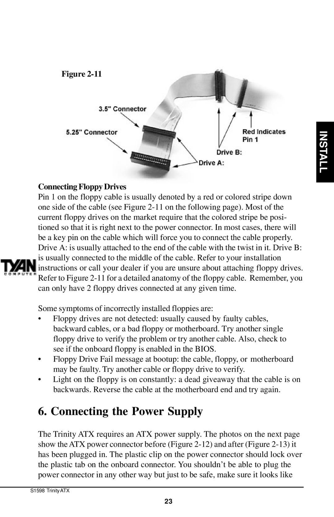 Tyan Computer Tyan S1598 user manual Connecting the Power Supply, Connecting Floppy Drives 