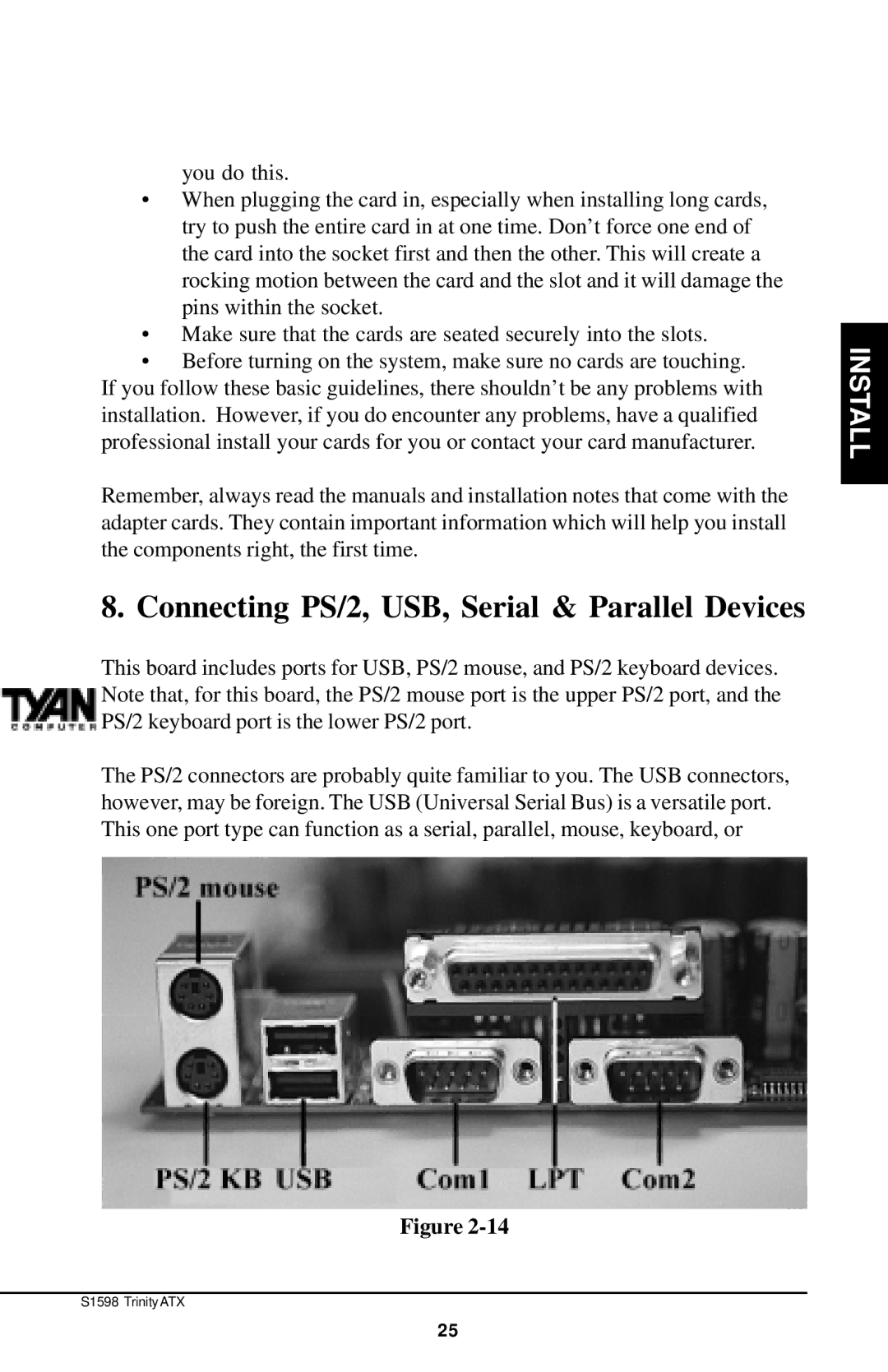 Tyan Computer Tyan S1598 user manual Connecting PS/2, USB, Serial & Parallel Devices 