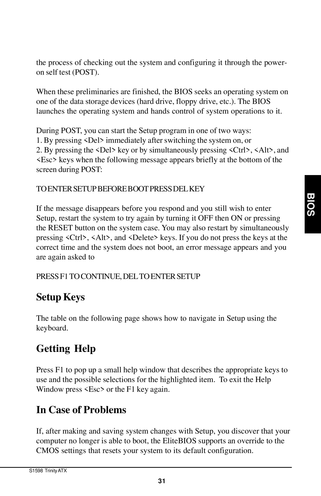 Tyan Computer Tyan S1598 user manual Setup Keys 