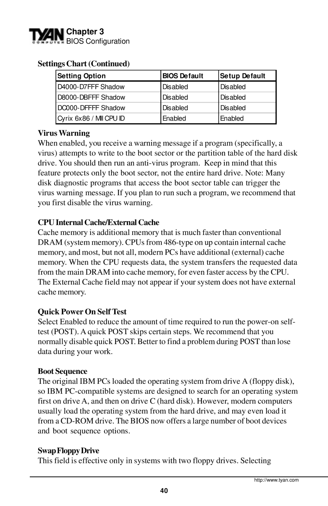 Tyan Computer Tyan S1598 Settings Chart, Virus Warning, CPU Internal Cache/External Cache, Quick Power On Self Test 