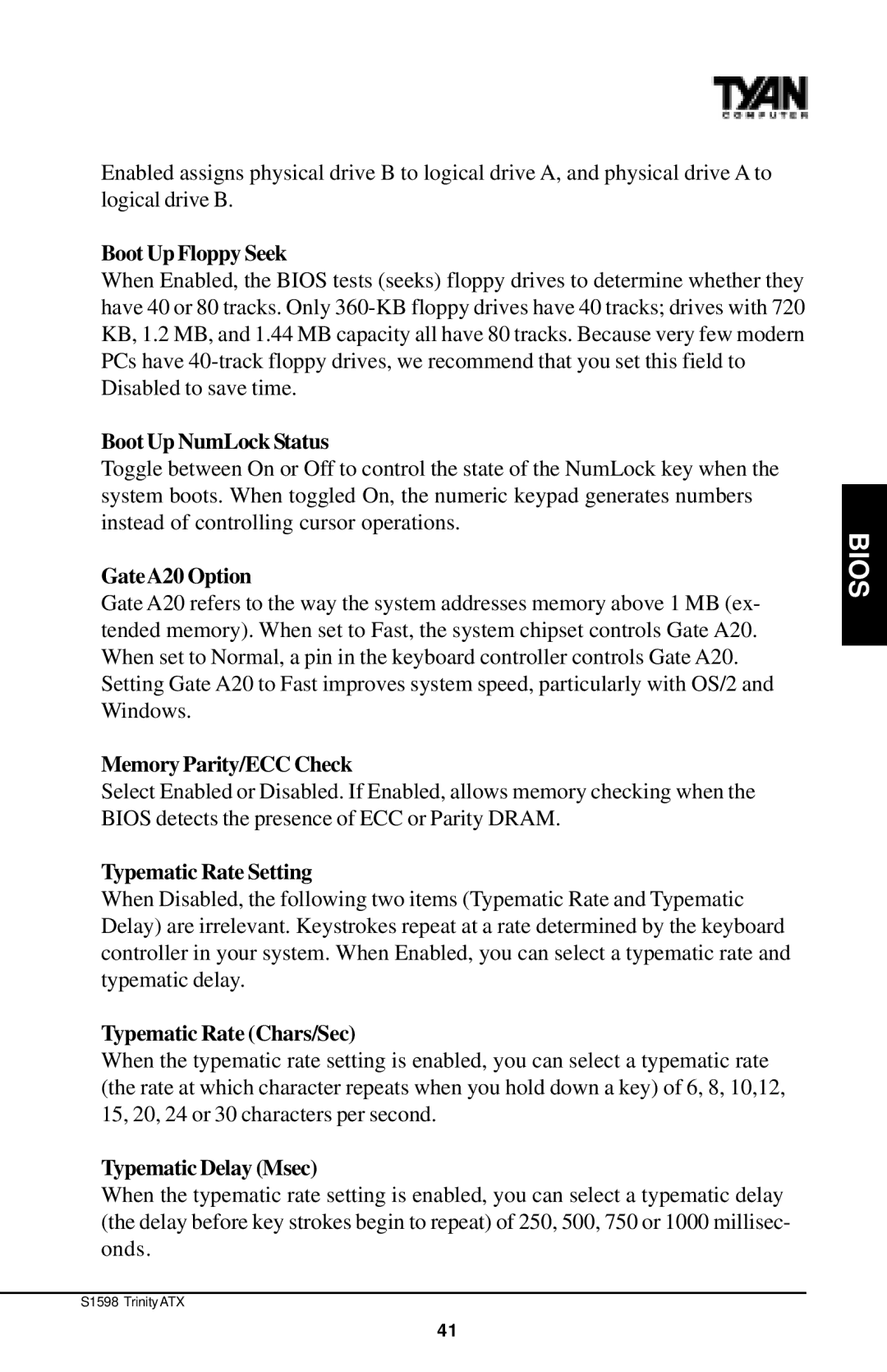 Tyan Computer Tyan S1598 user manual Boot Up Floppy Seek, Boot Up NumLock Status, GateA20 Option, Memory Parity/ECC Check 