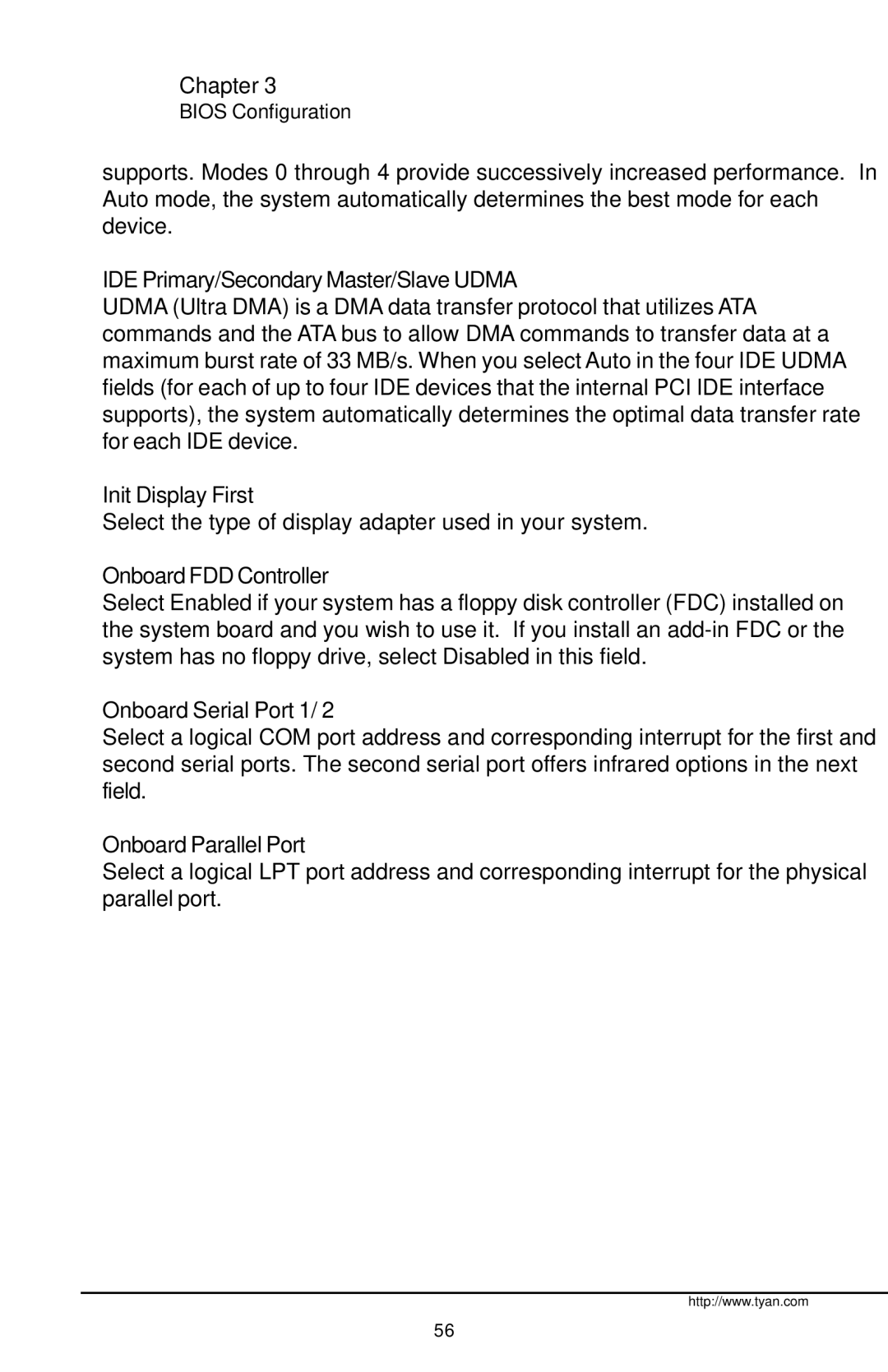 Tyan Computer Tyan S1598 user manual IDE Primary/Secondary Master/Slave Udma, Init Display First, Onboard FDD Controller 