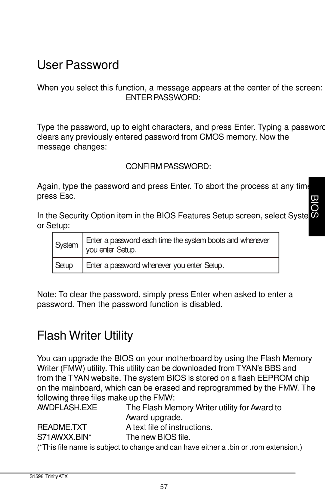 Tyan Computer Tyan S1598 user manual User Password, Flash Writer Utility 