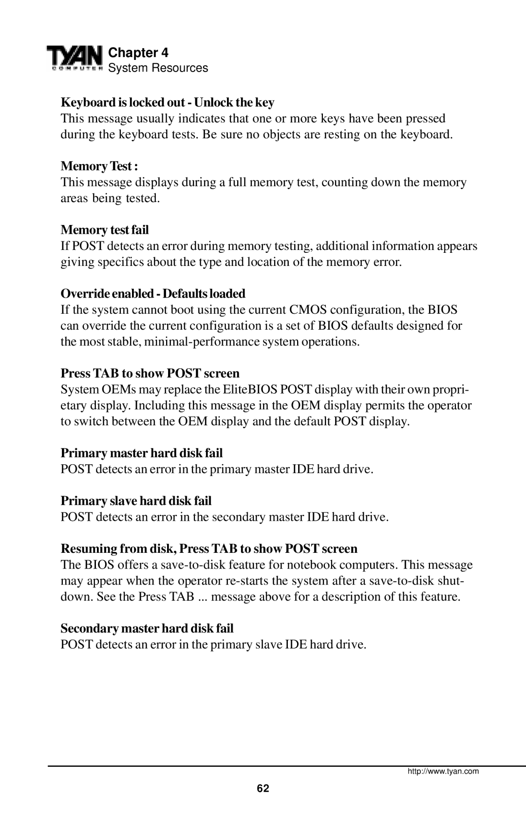 Tyan Computer Tyan S1598 user manual Keyboard is locked out Unlock the key, Memory Test, Memory test fail 
