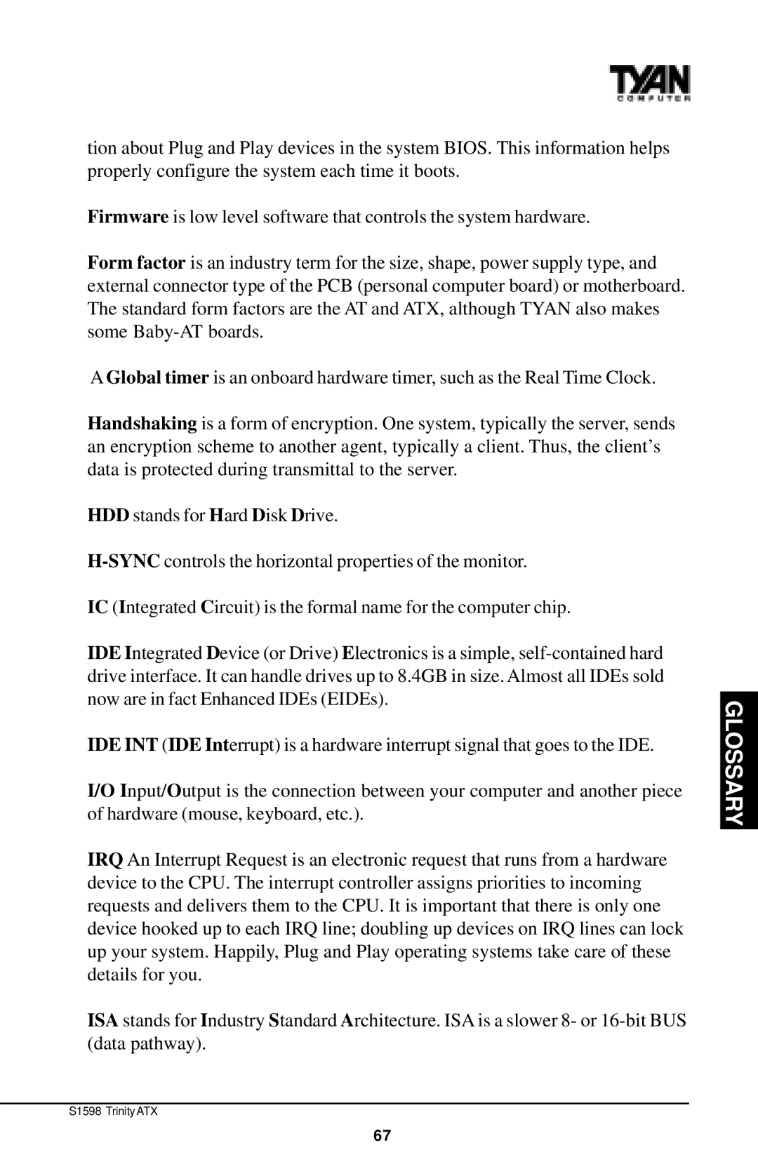 Tyan Computer Tyan S1598 user manual Glossary 