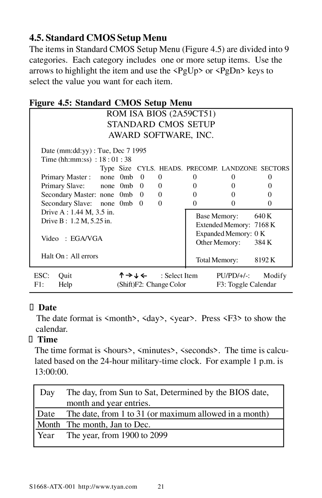 Tyan Computer TYAN S1668 user manual Standard Cmos Setup Menu, Date, Time 