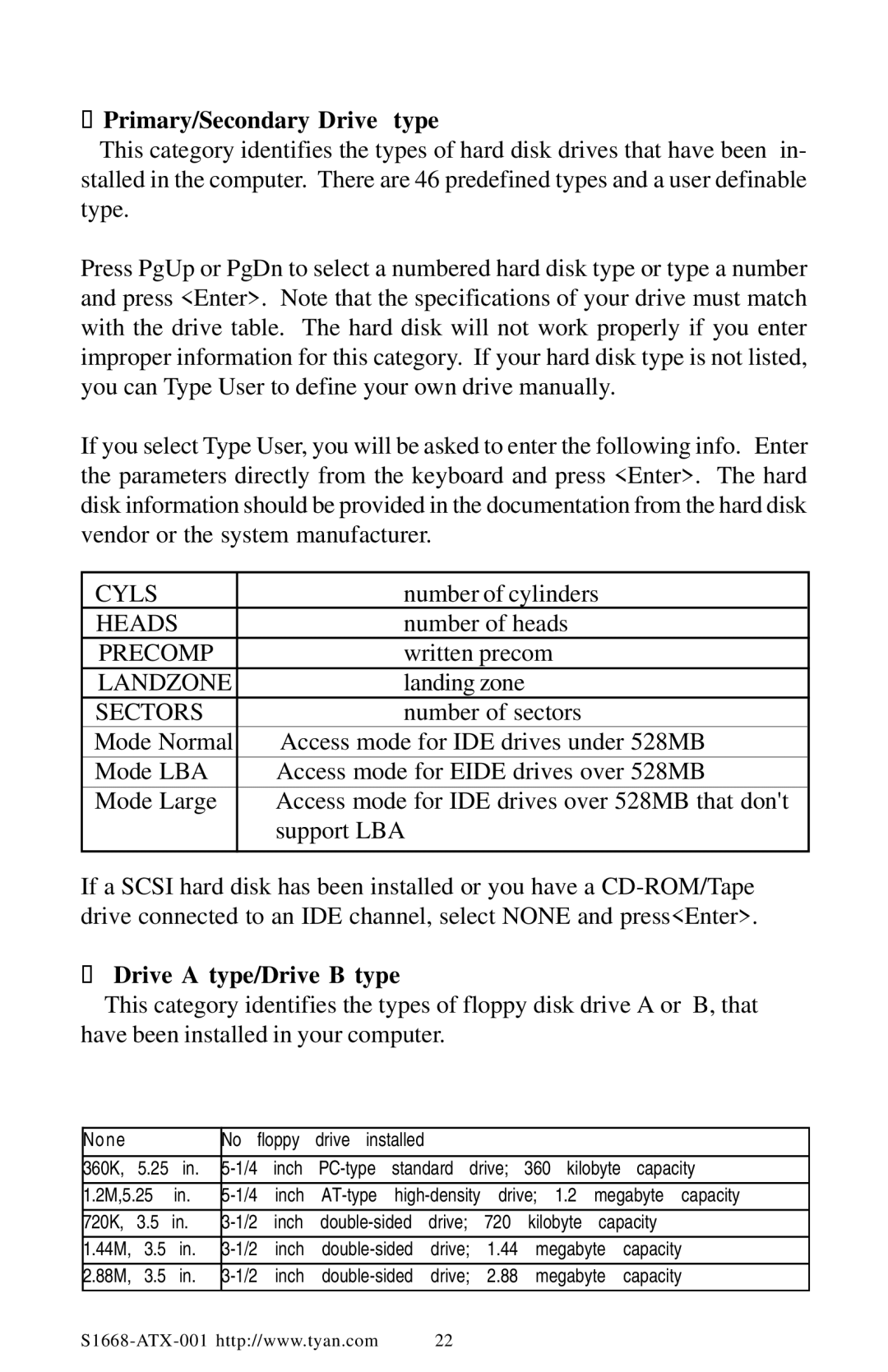 Tyan Computer TYAN S1668 user manual Primary/Secondary Drive type, Drive a type/Drive B type 