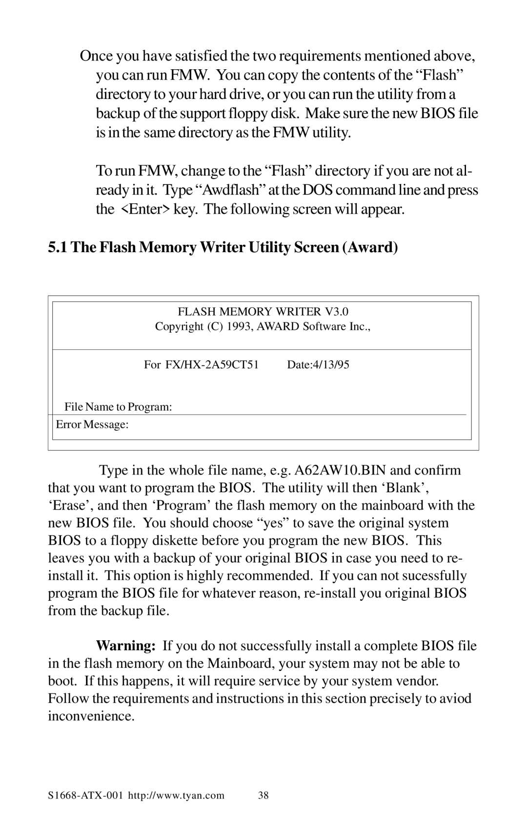 Tyan Computer TYAN S1668 user manual Flash Memory Writer Utility Screen Award 