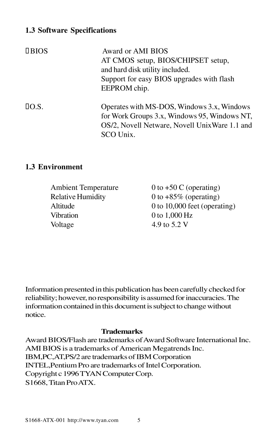 Tyan Computer TYAN S1668 user manual Software Specifications, Environment 