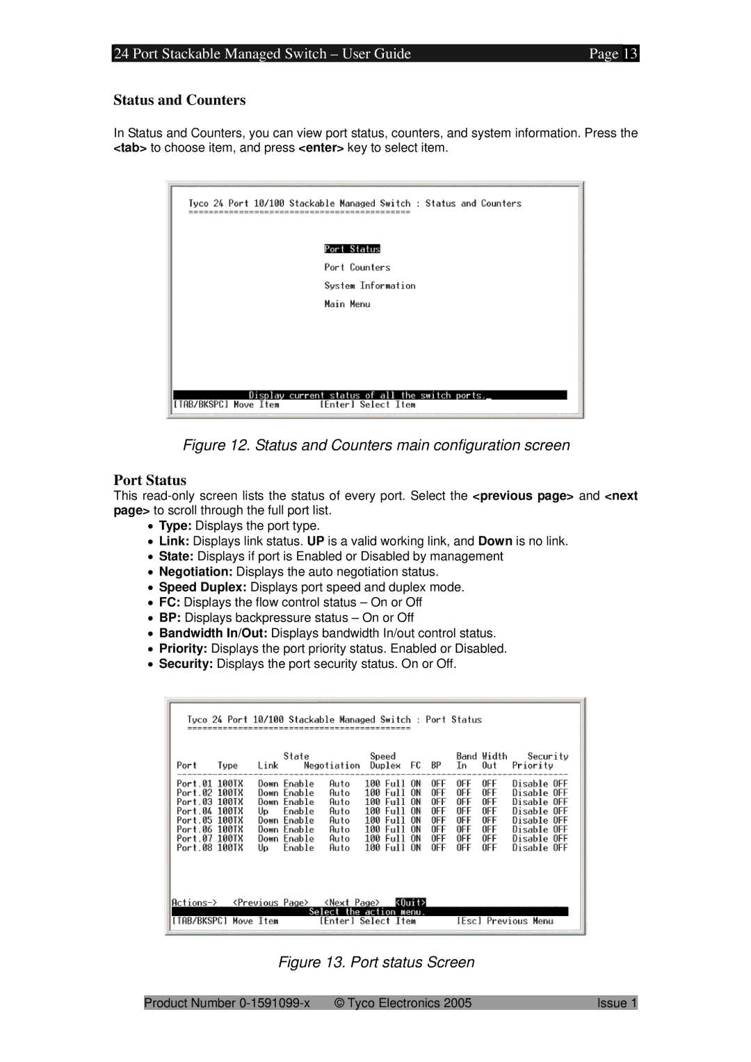 Tyco 0-1591099-x manual Status and Counters, Port Status 