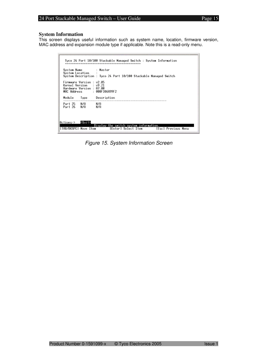 Tyco 0-1591099-x manual System Information Screen 