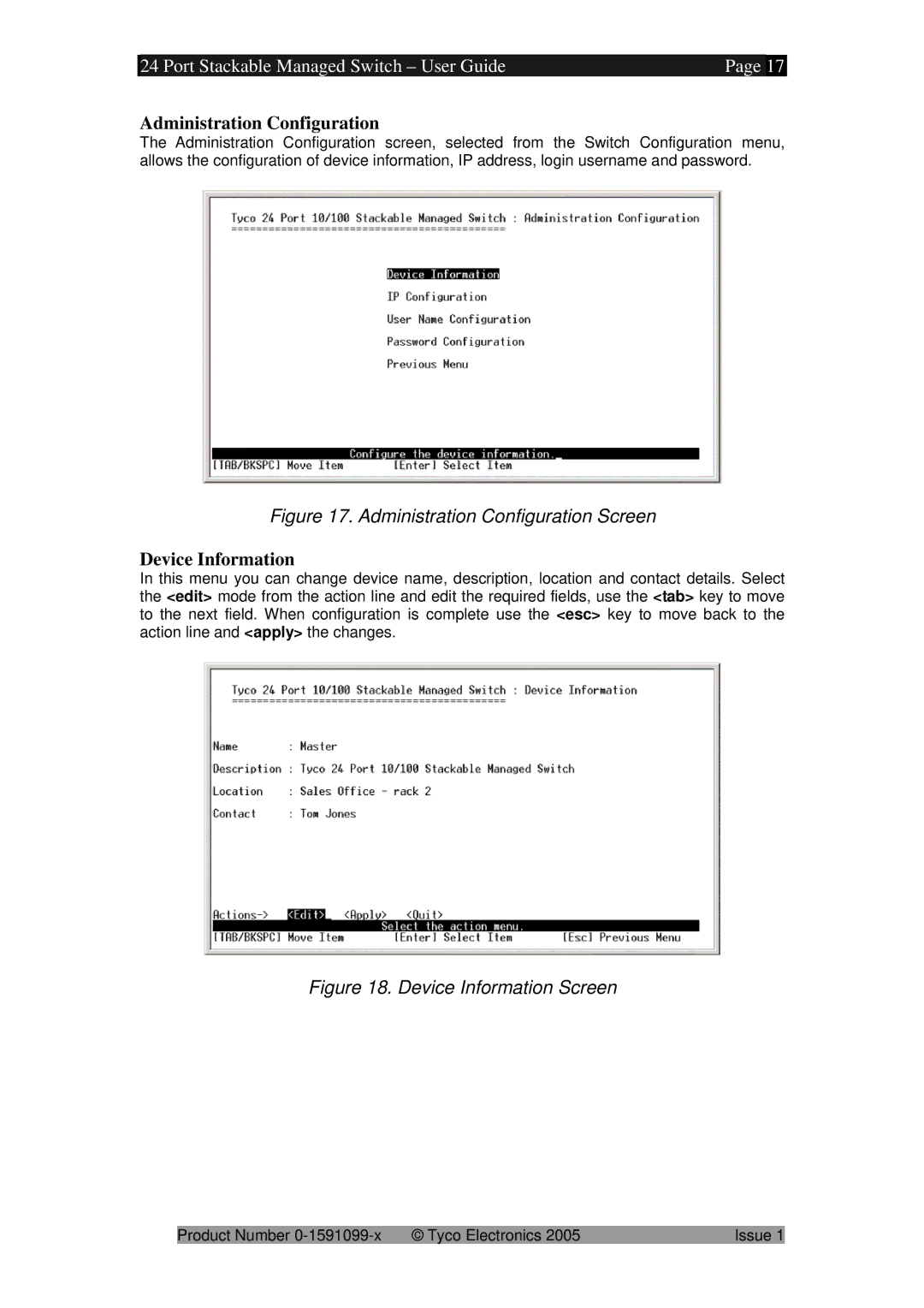 Tyco 0-1591099-x manual Administration Configuration, Device Information 