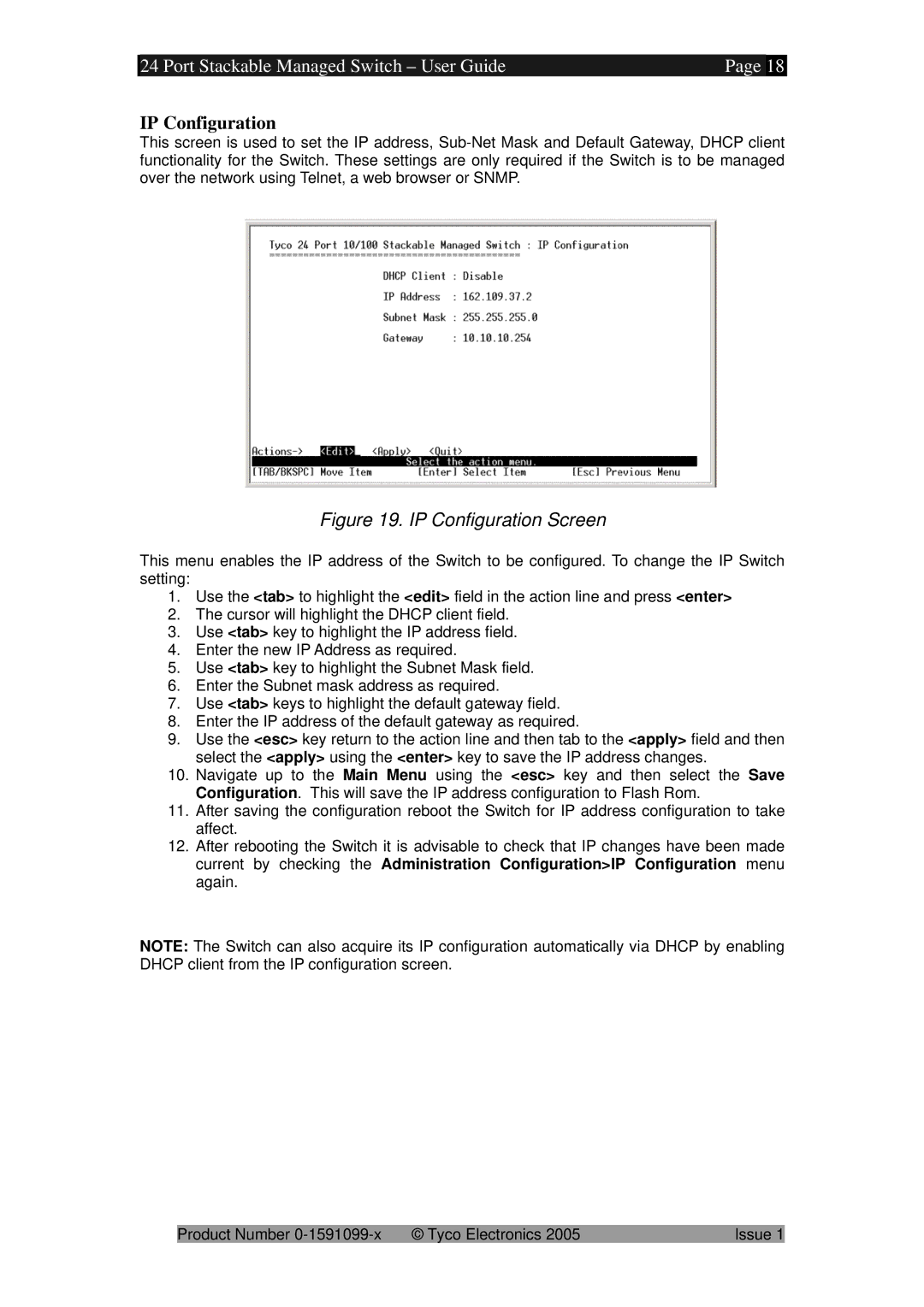 Tyco 0-1591099-x manual IP Configuration Screen 