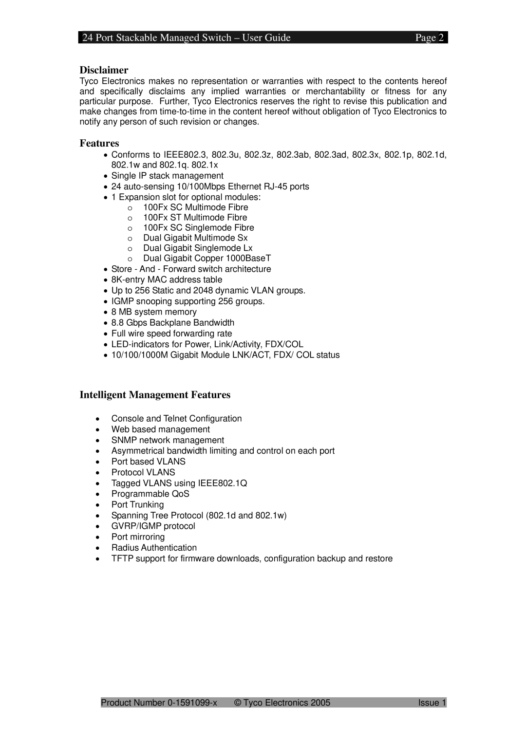 Tyco 0-1591099-x manual Disclaimer, Intelligent Management Features 