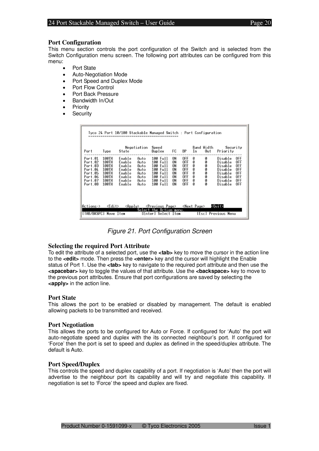 Tyco 0-1591099-x manual Port Configuration, Selecting the required Port Attribute, Port State, Port Negotiation 