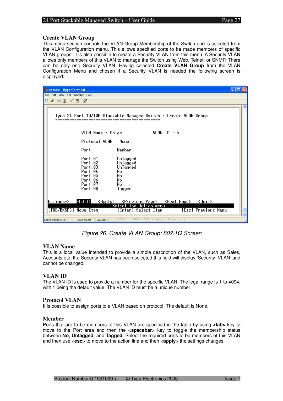 Tyco 0-1591099-x manual Create Vlan Group, Protocol Vlan, Member 