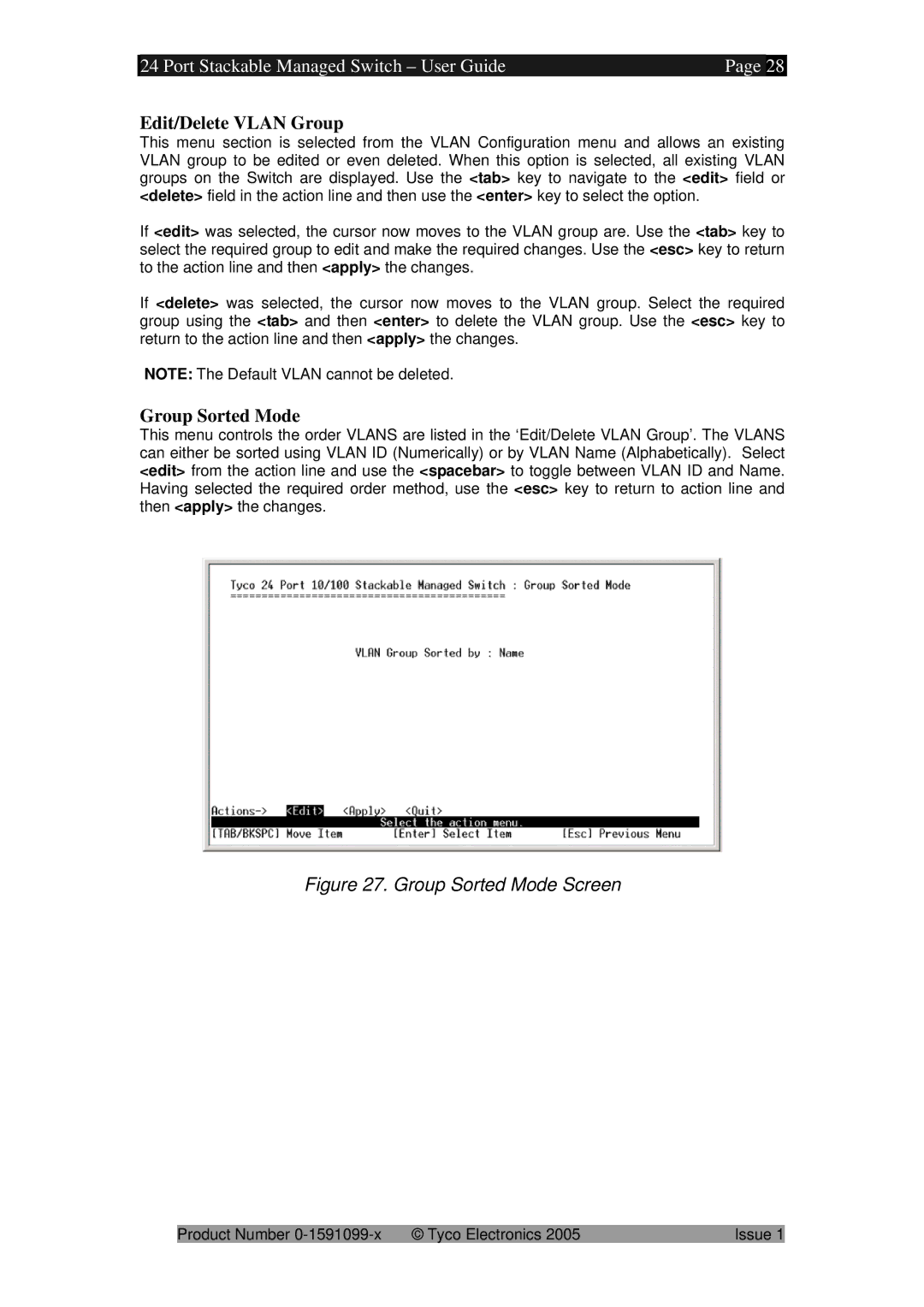 Tyco 0-1591099-x manual Edit/Delete Vlan Group, Group Sorted Mode 
