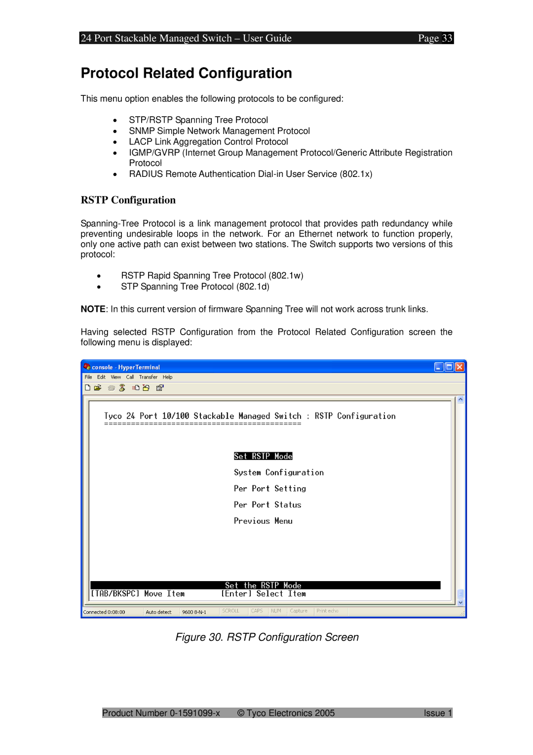 Tyco 0-1591099-x manual Protocol Related Configuration, Rstp Configuration 