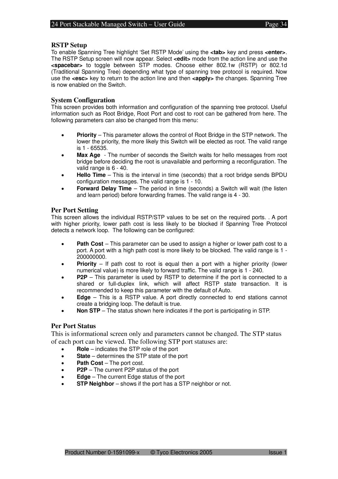 Tyco 0-1591099-x manual Rstp Setup, System Configuration, Per Port Setting, Per Port Status 