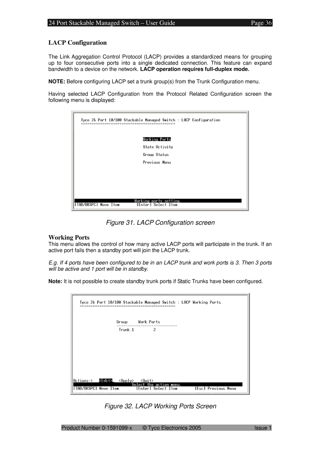 Tyco 0-1591099-x manual Lacp Configuration, Working Ports 