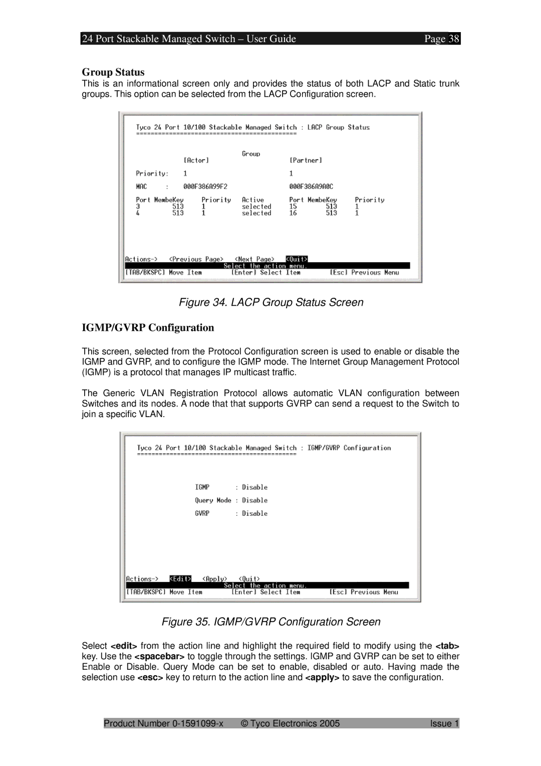 Tyco 0-1591099-x manual Group Status, IGMP/GVRP Configuration 