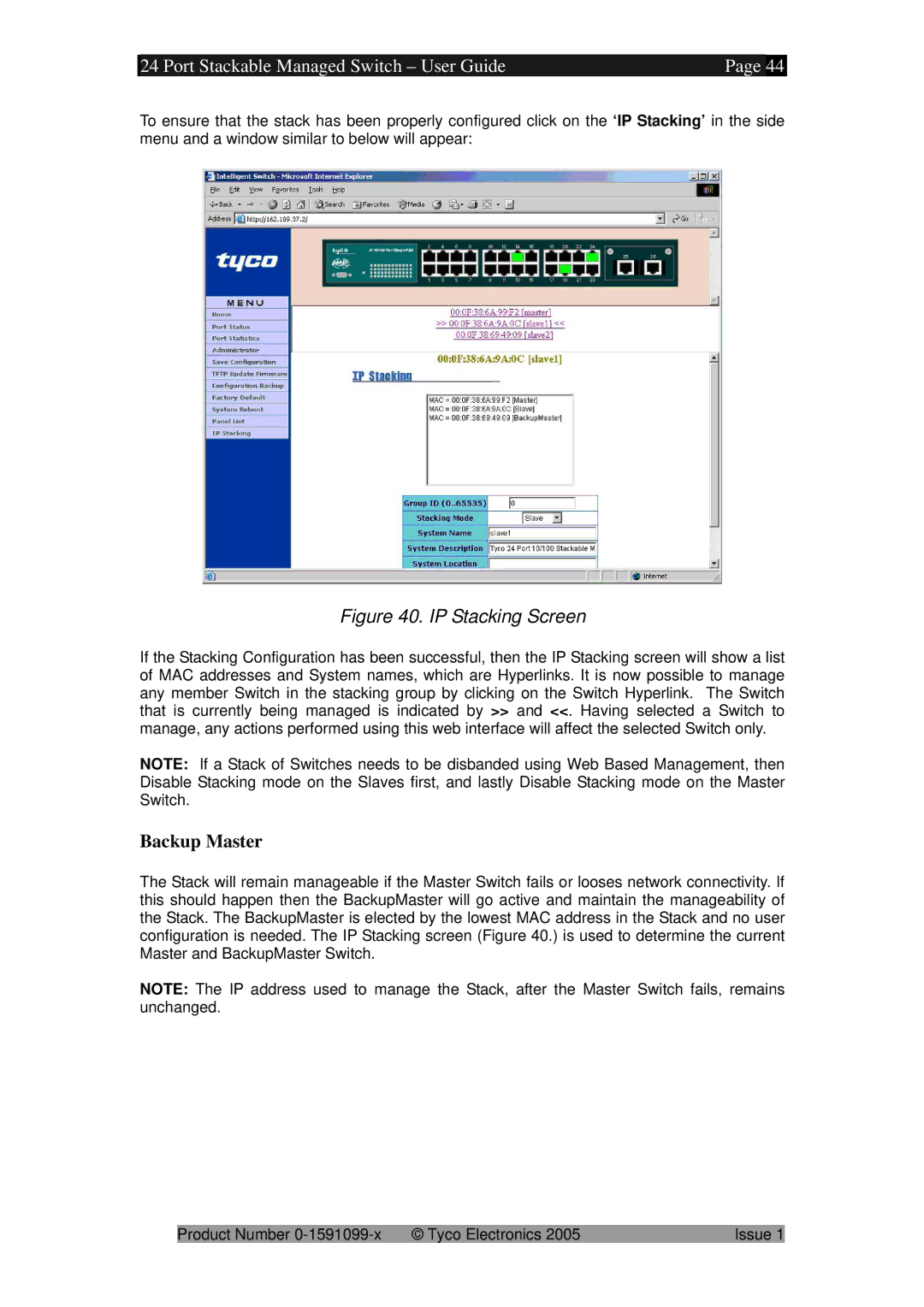 Tyco 0-1591099-x manual IP Stacking Screen, Backup Master 