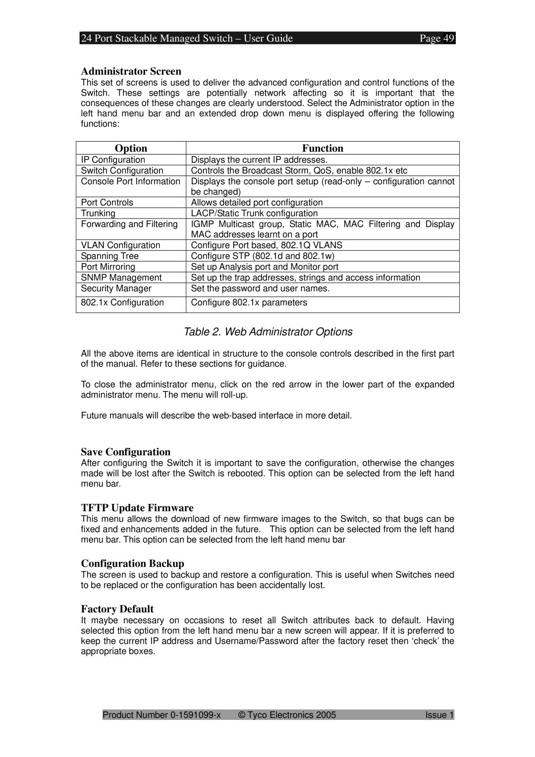 Tyco 0-1591099-x Administrator Screen, Option Function, Save Configuration, Tftp Update Firmware, Configuration Backup 