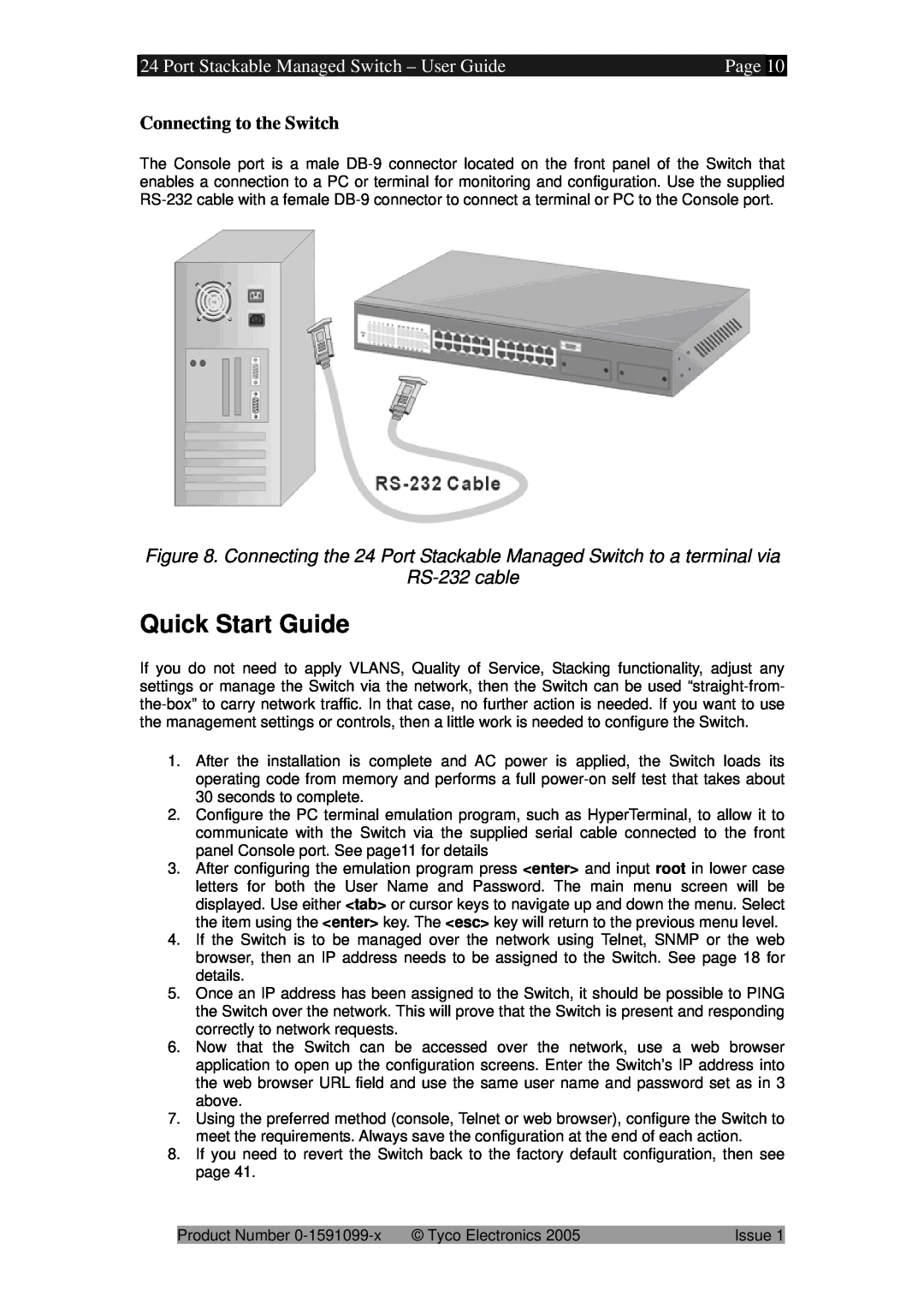 Tyco 0-1591099-x manual Quick Start Guide, Port Stackable Managed Switch - User Guide, Page, Connecting to the Switch 