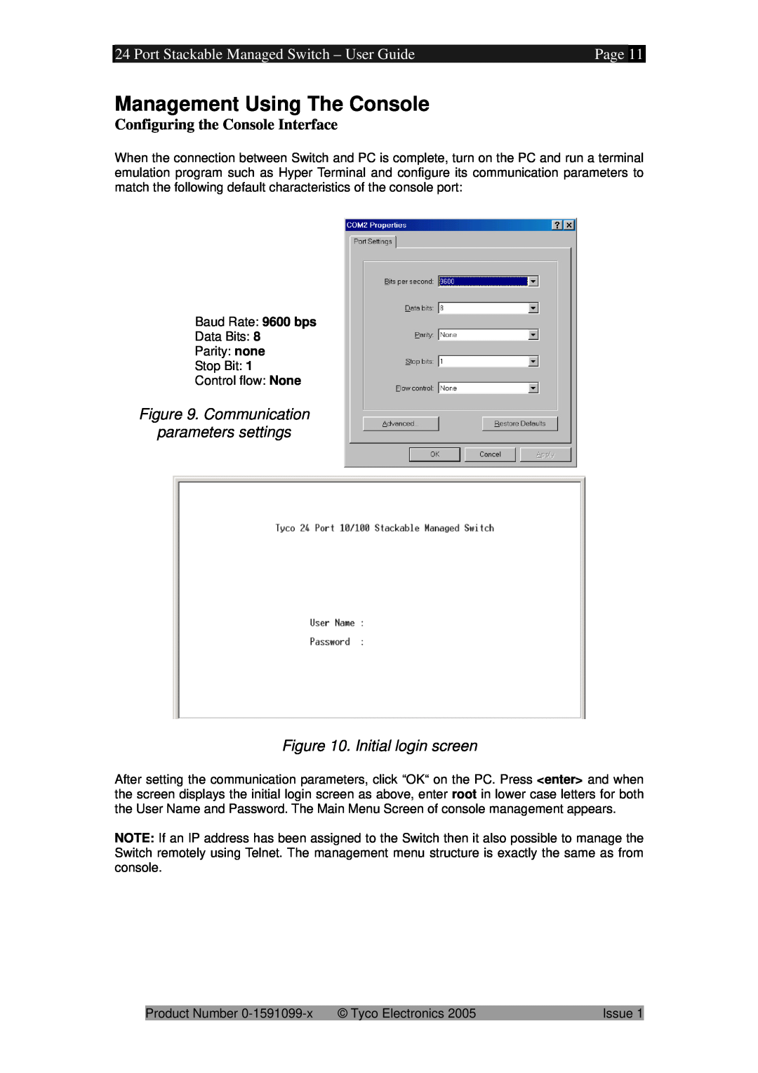 Tyco 0-1591099-x Management Using The Console, Port Stackable Managed Switch - User Guide, Page, Initial login screen 