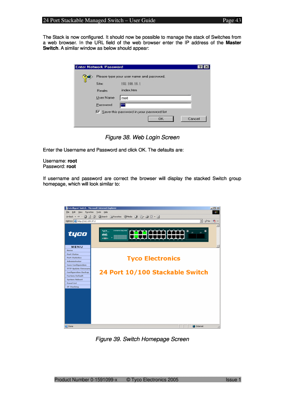 Tyco 0-1591099-x manual Port Stackable Managed Switch - User Guide, Page, Web Login Screen, Switch Homepage Screen 