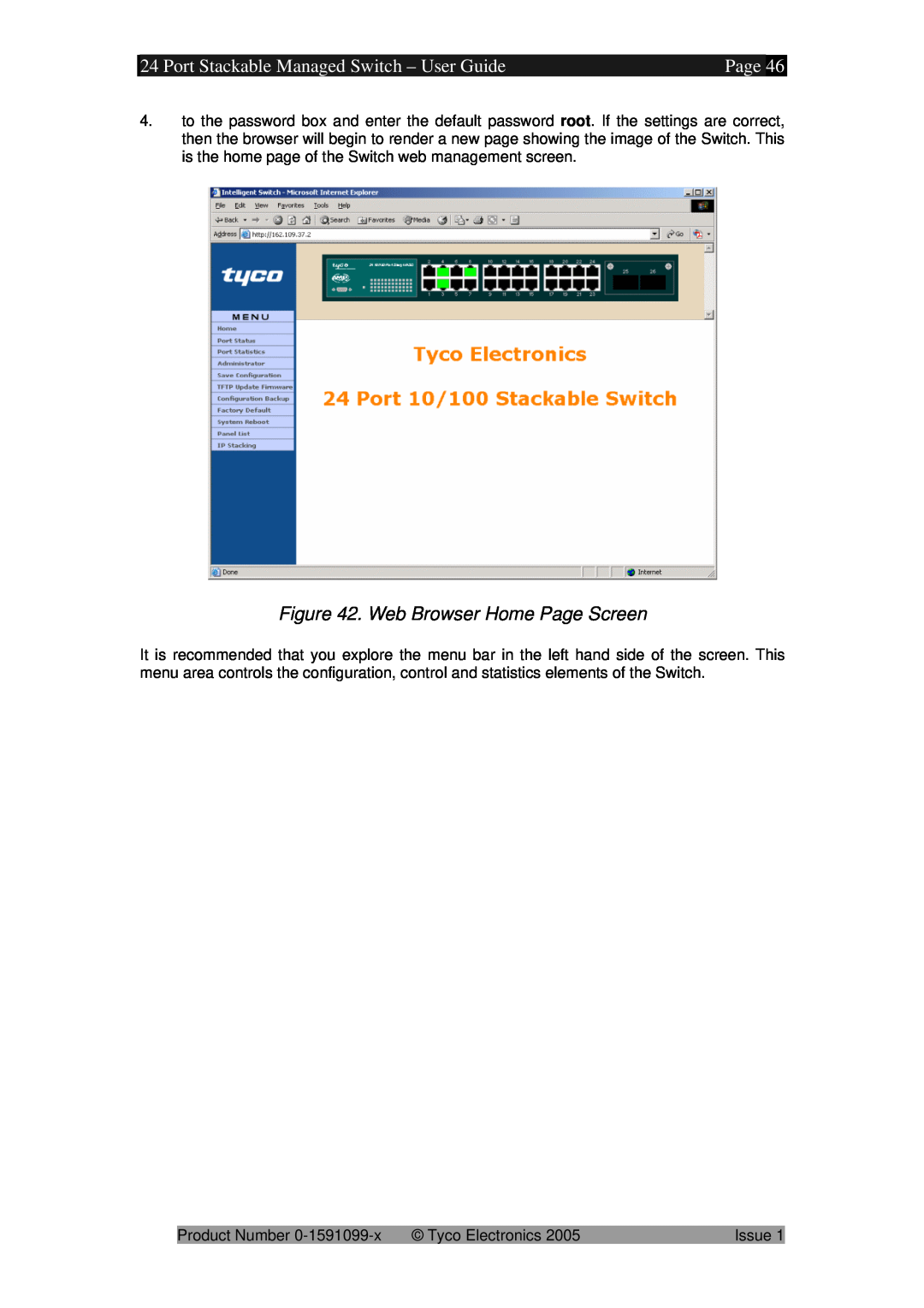 Tyco 0-1591099-x manual Port Stackable Managed Switch - User Guide, Web Browser Home Page Screen 