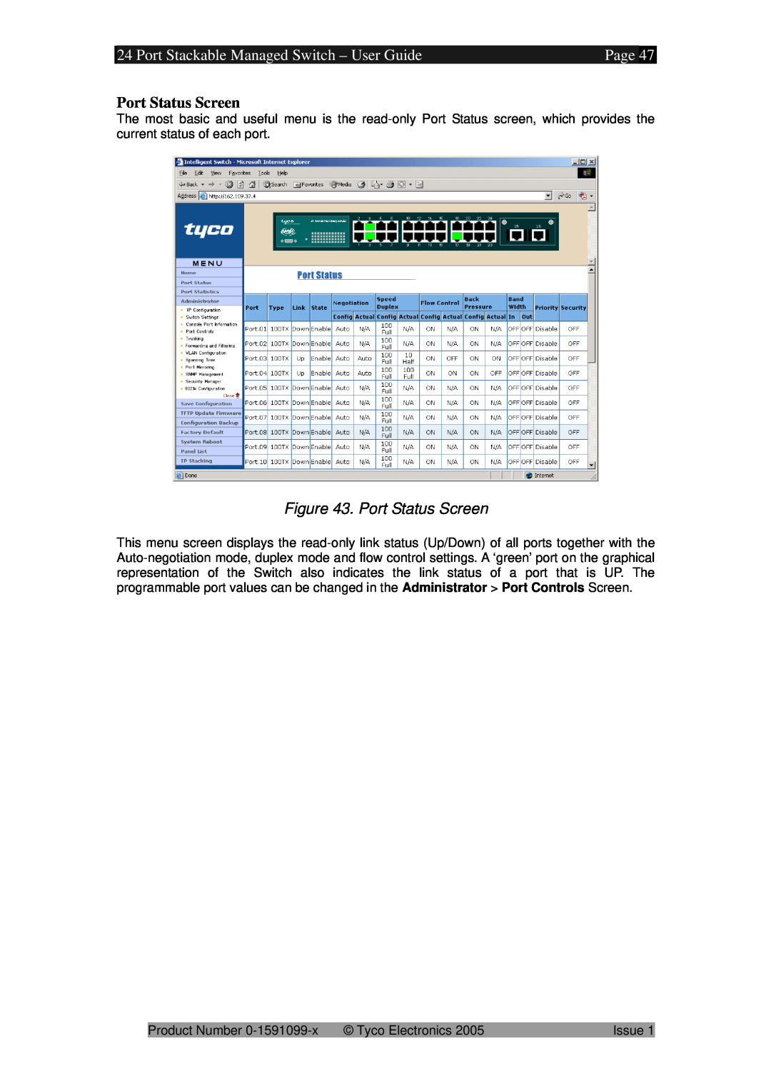 Tyco 0-1591099-x manual Port Stackable Managed Switch - User Guide, Page, Port Status Screen 