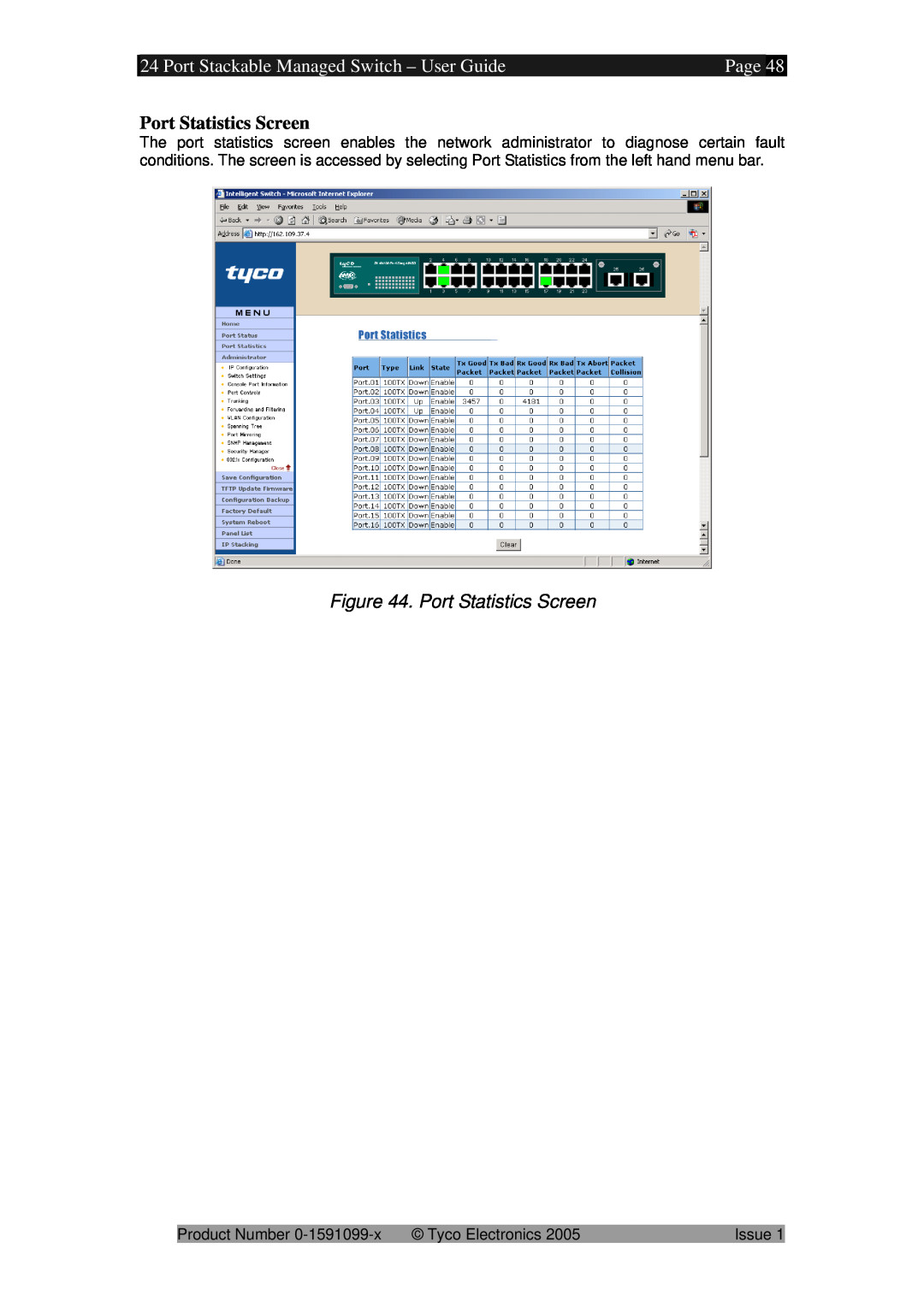 Tyco 0-1591099-x manual Port Stackable Managed Switch - User Guide, Page, Port Statistics Screen 