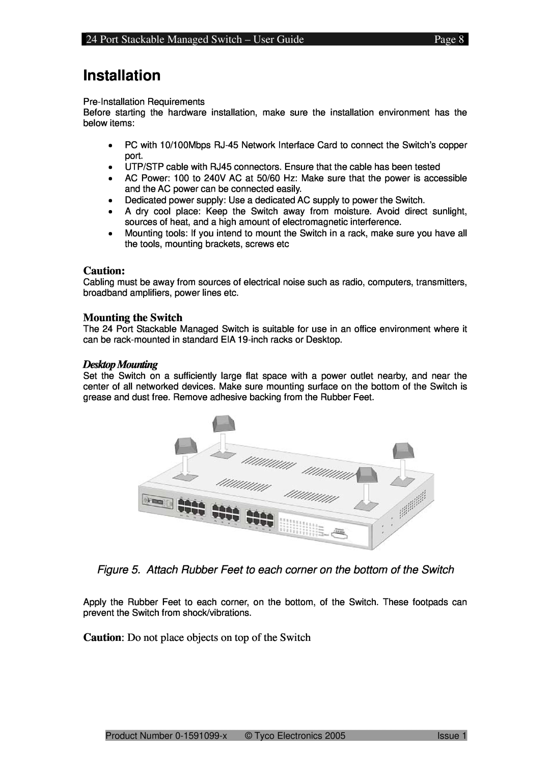 Tyco 0-1591099-x manual Installation, Port Stackable Managed Switch - User Guide, Page, Mounting the Switch 