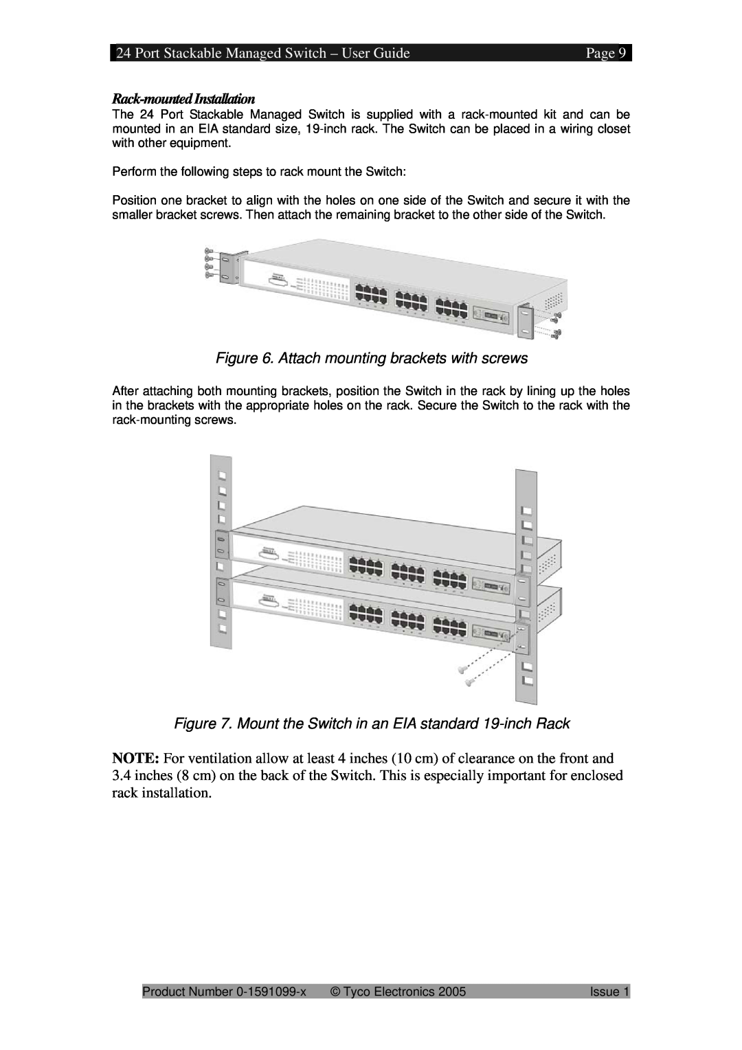 Tyco 0-1591099-x manual Port Stackable Managed Switch - User Guide, Page, Rack-mounted Installation 