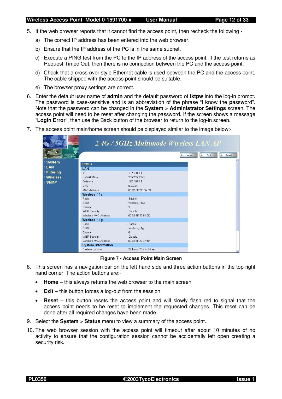 Tyco 0-1591700-x user manual Access Point Main Screen 