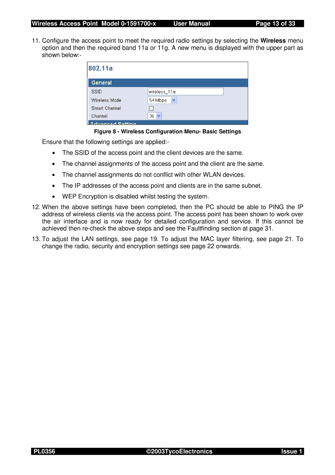 Tyco 0-1591700-x user manual Wireless Configuration Menu- Basic Settings 