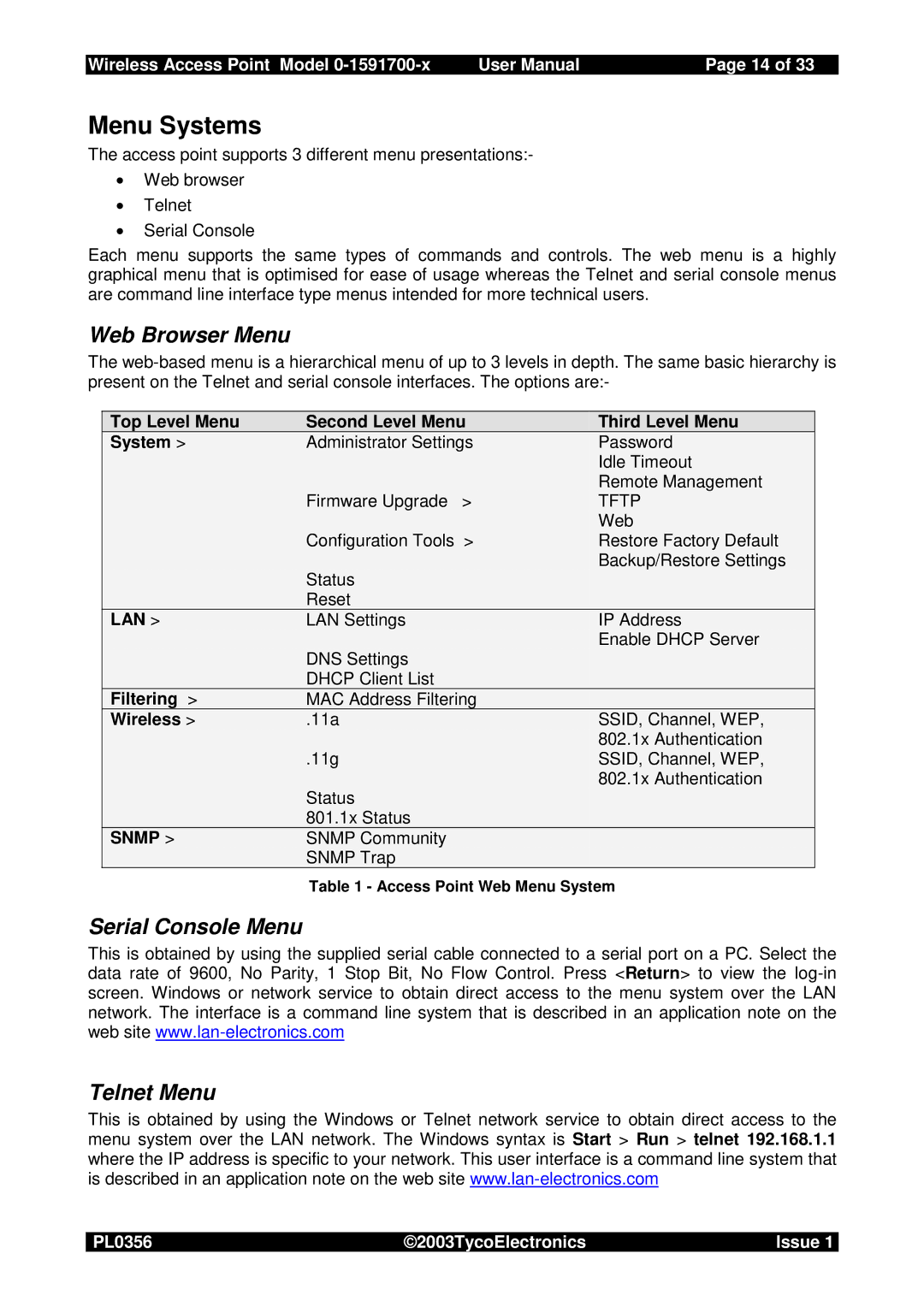 Tyco 0-1591700-x user manual Menu Systems, Web Browser Menu, Serial Console Menu Telnet Menu 