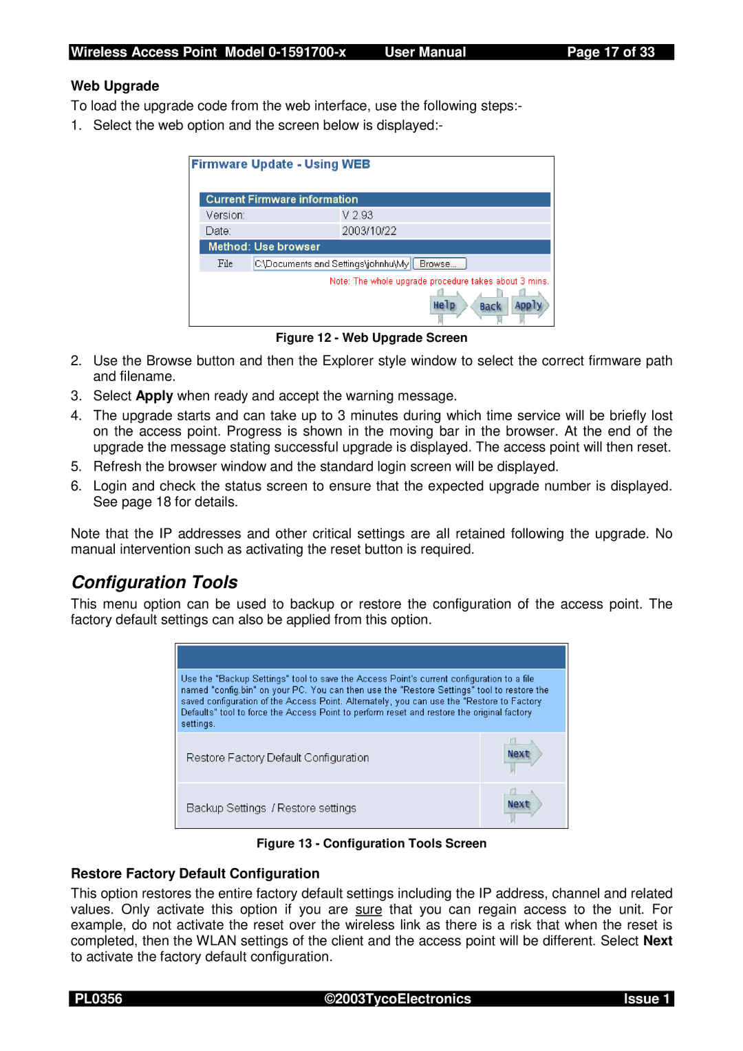 Tyco 0-1591700-x user manual Configuration Tools, Web Upgrade, Restore Factory Default Configuration 